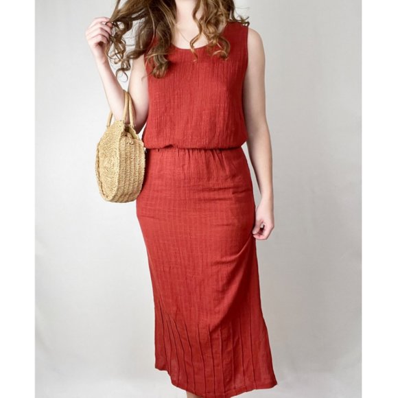 Vintage Linen Matching Skirt Set Midi Maxi Tank Top Tunic Blouse Pleats Bohemian - Picture 6 of 6